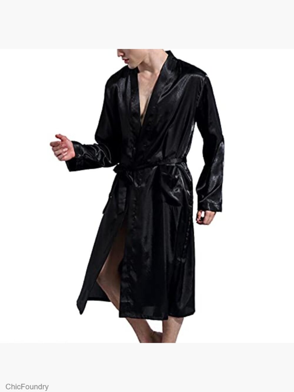 Men's Satin Kimono Robe Silk Classic Long Bathrobe Pockets Lightweight - Picture 3 of 4